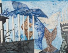 ‡ ERIC MALTHOUSE (1914-1997) oil on board - entitled 'Man and Pigeons', c. 1953