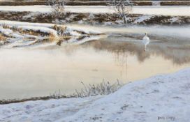 ‡ DAVID COWDRY oil on board - winter landscape with swan, signed