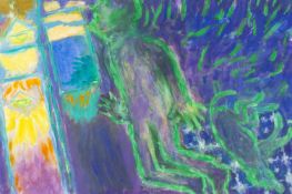 ERNEST ZOBOLE (1927-1999) oil on paper - entitled 'Walking Through House with Dog'