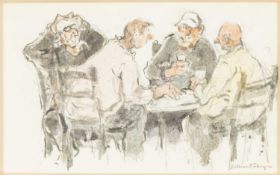 ‡ WILLIAM SELWYN (b.1933) mixed media - entitled verso, 'Farmers at a Table'