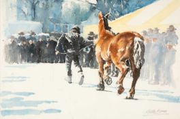 ‡ KEITH BOWEN (b. 1950) watercolour - horse fair scene, signed