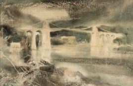 ‡ WILLIAM SELWYN (b.1933) watercolour - entitled verso, 'The Menai Suspension Bridge'
