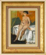 ‡ CLAUDIA WILLIAMS (1933-2024) oil on board - female nude seated on bed