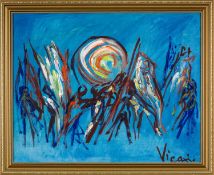 ‡ ANDREW VICARI (b.1932) oil on canvas - dancers waving flags under moonlight