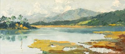‡ CHARLES WYATT WARREN (1908-1993) oil on board - Eryri landscape with Llyn Padarn