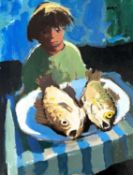 ‡ DONALD MCINTYRE (1923-2009) acrylic - entitled verso, 'No. 62, Girl and Two Fish'