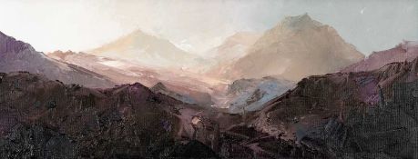 ‡ DAVID GROSVENOR (b.1956) oil on canvas - entitled verso, 'Snowdon, Evening Light'