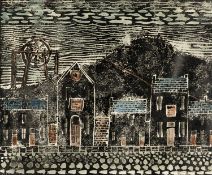 ‡ JACK JONES (1922 - 1993) collagraph print - Swansea with colliery pit head, The Villiers Arms