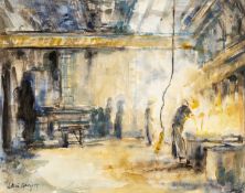 ‡ VALERIE GANZ (1936 - 2015) watercolour - steelworks with figures, signed and dated '78