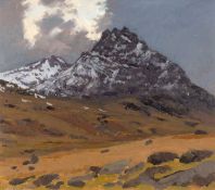 ‡ DAVID WOODFORD (b.1938) oil on board - entitled verso, 'Tryfan'