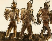 ‡ JOSEF HERMAN OBE RA (1911-2000) pencil and ink wash - three walking miners, circa 1990s