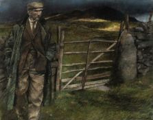 ‡ KEITH BOWEN (b. 1950) pastel - standing farmer beside gate, signed and dated 1988