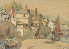 ‡ WILL EVANS (1887-1957) watercolour - Newlyn Harbour, Cornwall with numerous figures and boats