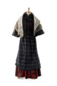 GOOD COLLECTION OF TRADITIONAL WELSH CLOTHING to include maroon and black bed gown with matching