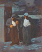 ‡ ANEURIN JONES (1930-2017) oil on board - entitled verso, 'Sgwrs'