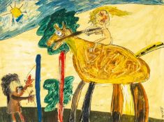 ‡ IWAN BALA (b.1956) mixed media on paper - figure riding a horse, Rhiannon from the Mabinogi