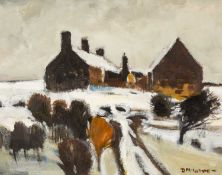 ‡ DONALD MCINTYRE (1923-2009) oil on paper - entitled verso 'Farm in Snow'