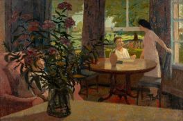 ‡ JOHN ELWYN (1916-1997) oil on canvas - entitled verso 'Interior', signed with initials