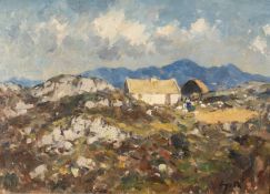 ‡ GYRTH RUSSELL (1892 -1970) oil on board - entitled verso, 'Cottages Among the Rocky Connemara'