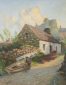 WILLIAM CADWALADER (fl.1905-1911) oil on canvas - Criccieth with whitewashed fisherman's cottage