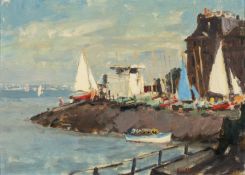 ‡ GYRTH RUSSELL (1892-1970) oil on board - entitled verso 'Penarth Motorboat Club 1'