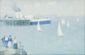 ‡ GYRTH RUSSELL (1892-1970) oil on card - entitled verso 'Waverley at Penarth Pier'