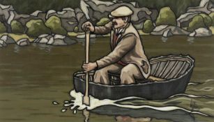 ‡ ALAN WILLIAMS (b.1951) acrylic - coracle paddling a river, signed