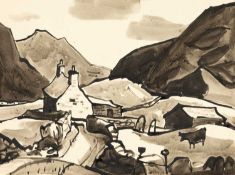 ‡ SIR KYFFIN WILLIAMS RA (1918-2006) inkwash - an upland farm with black cow