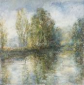 ‡ LEONARD BEARD (1942-2007) oil on card - entitled verso, 'The River, Bute Park'