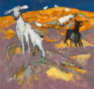 ‡ JOHN ELWYN (1916-1997) oil on board - a herd of goats on a lavender hillside, 1980's