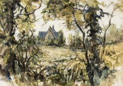 ‡ VALERIE GANZ (1936-2015) mixed media - woodland scene with chapel and grounds