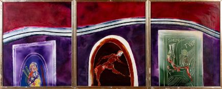 ‡ TERRY JONES (1938-1992) oil on metal panel (triptych) - entitled verso, 'Twm Sion Cati'