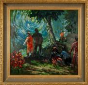 ‡ ANDREW VICARI (b.1932) oil on board - entitled verso, 'Watchers Before the Storm'