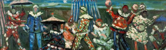 ‡ ANDREW VICARI (b.1932) oil on board - circus clowns, signed and dated verso 1963