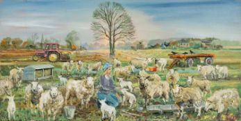 ‡ ALEX WILLIAMS (b.1942) oil on canvas - entitled verso 'Feeding the Lambs'