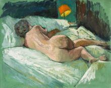 ‡ JOHN ELWYN (1916-1997) oil on board - nude reclining, signed verso