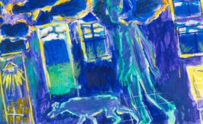 ERNEST ZOBOLE (1927-1999) oil on paper - figure walking through house with dog at night