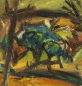 ‡ PETER PRENDERGAST (1946-2007) oil on panel - entitled verso 'Blue Roof, Winter Landscape'