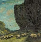 ‡ CHARLES WHITE (1928-1997) oil on board - bucolic scene with sheep and farmer