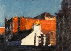 ‡ MARK SAMUEL (b. 1956) oil on panel - Cardiff rooftops, entitled verso 'Jacob's Market'