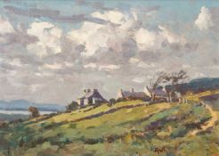 ‡ GYRTH RUSSELL (1892 -1970) oil on board - entitled verso, 'Hillside Above Caernarvon'