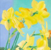 ‡ ERIC MALTHOUSE (1914-1997) oil on board - entitled verso, 'Daffodils, Blue'