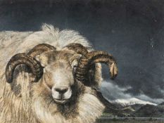 ‡ KEITH BOWEN (b. 1950) pastel - study of a horned ram in winter landscape, signed and dated 1989