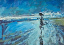 ‡ MEIRION JONES (b.1966) acrylic on board - entitled verso, 'Y Llanw/Tide Race (Rhossili)'