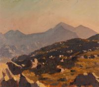 ‡ DAVID WOODFORD (b.1938) oil on board - 'Snowdon from the Southern Flanks of the Glyders'