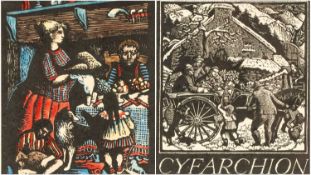 ‡ JOHN PETTS (1914-1991) two woodcut prints - entitled, 'Nadolig yn y Fferm' and 'Cyfarchion'