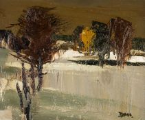 ‡ DONALD MCINTYRE (1923-2009) oil on board - entitled verso, 'Winter Dusk', circa 1970s