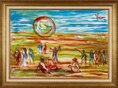 ‡ ANDREW VICARI (b.1932) oil on canvas - figures dancing under the sun