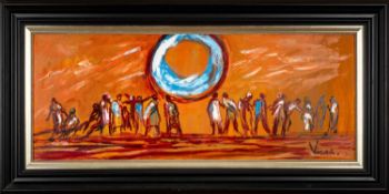‡ ANDREW VICARI (b.1932) oil on canvas - procession of figures in the sun