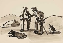 ‡ SIR KYFFIN WILLIAMS RA (1918-2006) inkwash - two figures and two dogs, with a portrait pencil